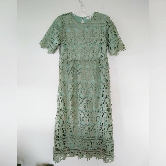 orange creek Dresses & Skirts - Orange Creek Sage Green Lace Midi Dress Modest